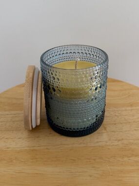 Pure Beeswax Candle in Blue Glass Candle Jar with Bamboo Lid (14oz)